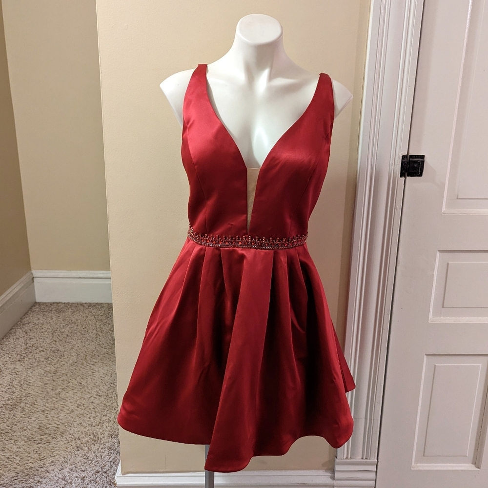 Sherri Hill red fit and flare allusion dress with attached jewel belt size 16